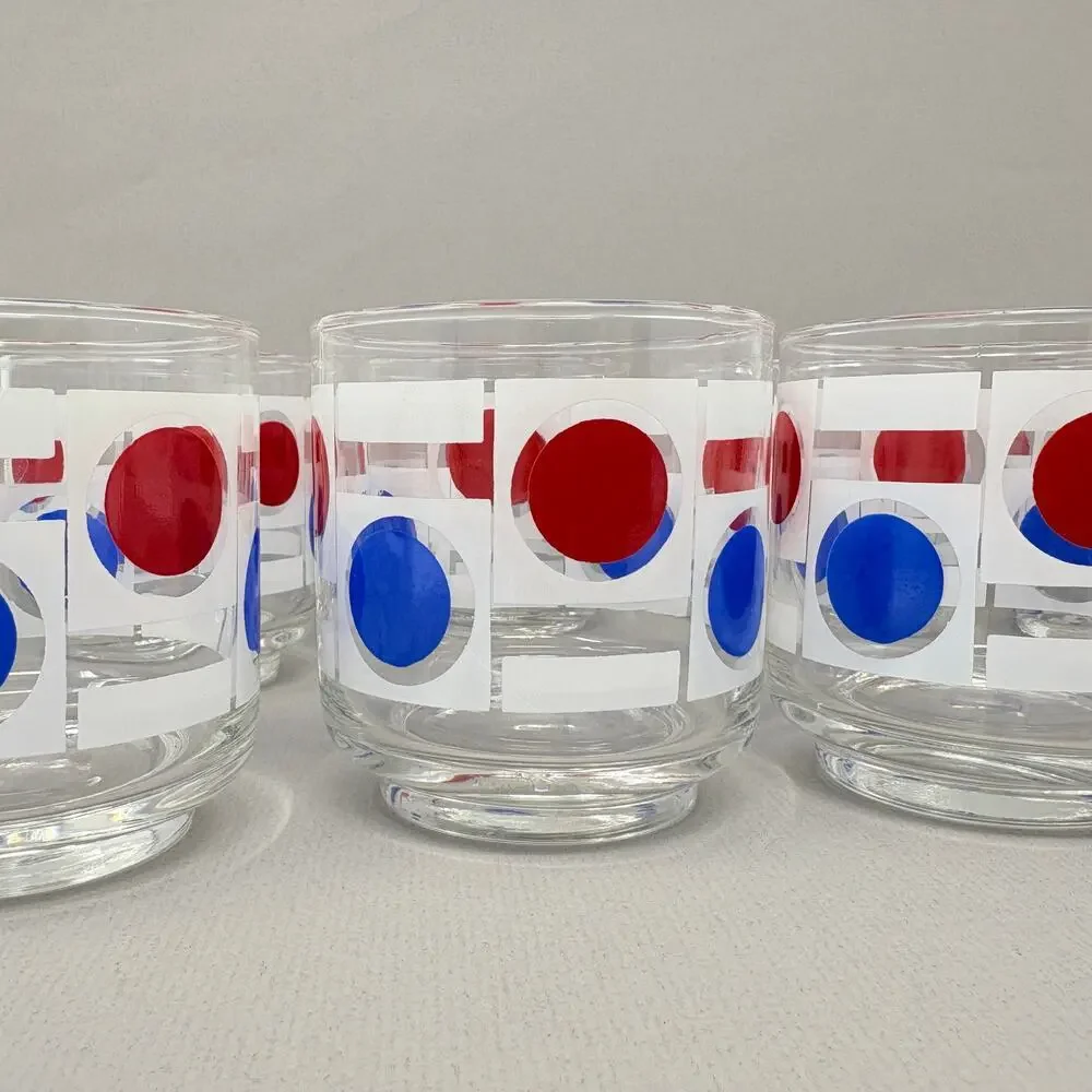 Set of 8 Vintage MCM Libbey Patriotic Red White Blue Dot Pattern Low Ball READ